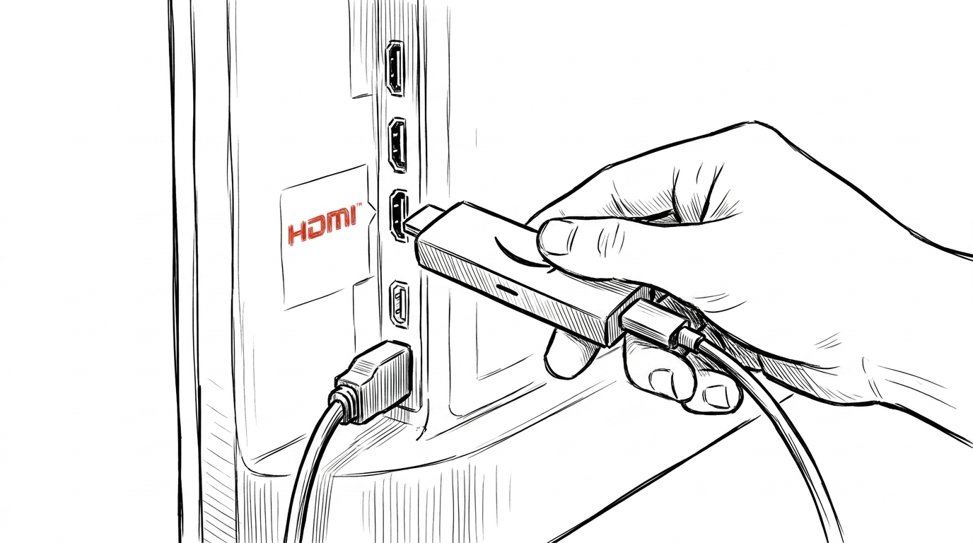 A hand pushing a Fire TV Stick into an HDMI socket on the back of a television, with its power cable already connected.