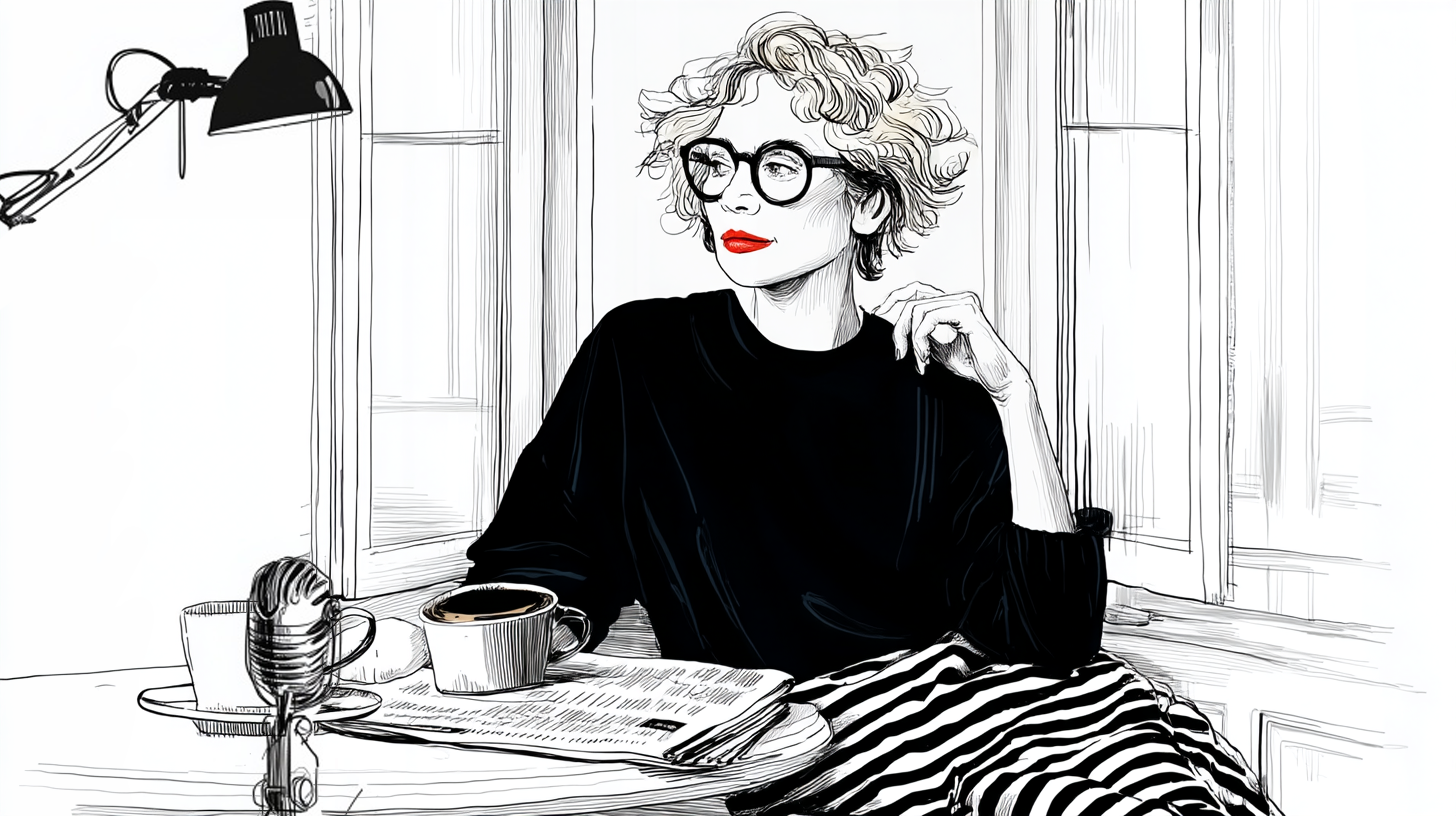 Line illustration of Gemma sitting by a window with a coffee, a microphone and a newspaper on the table.