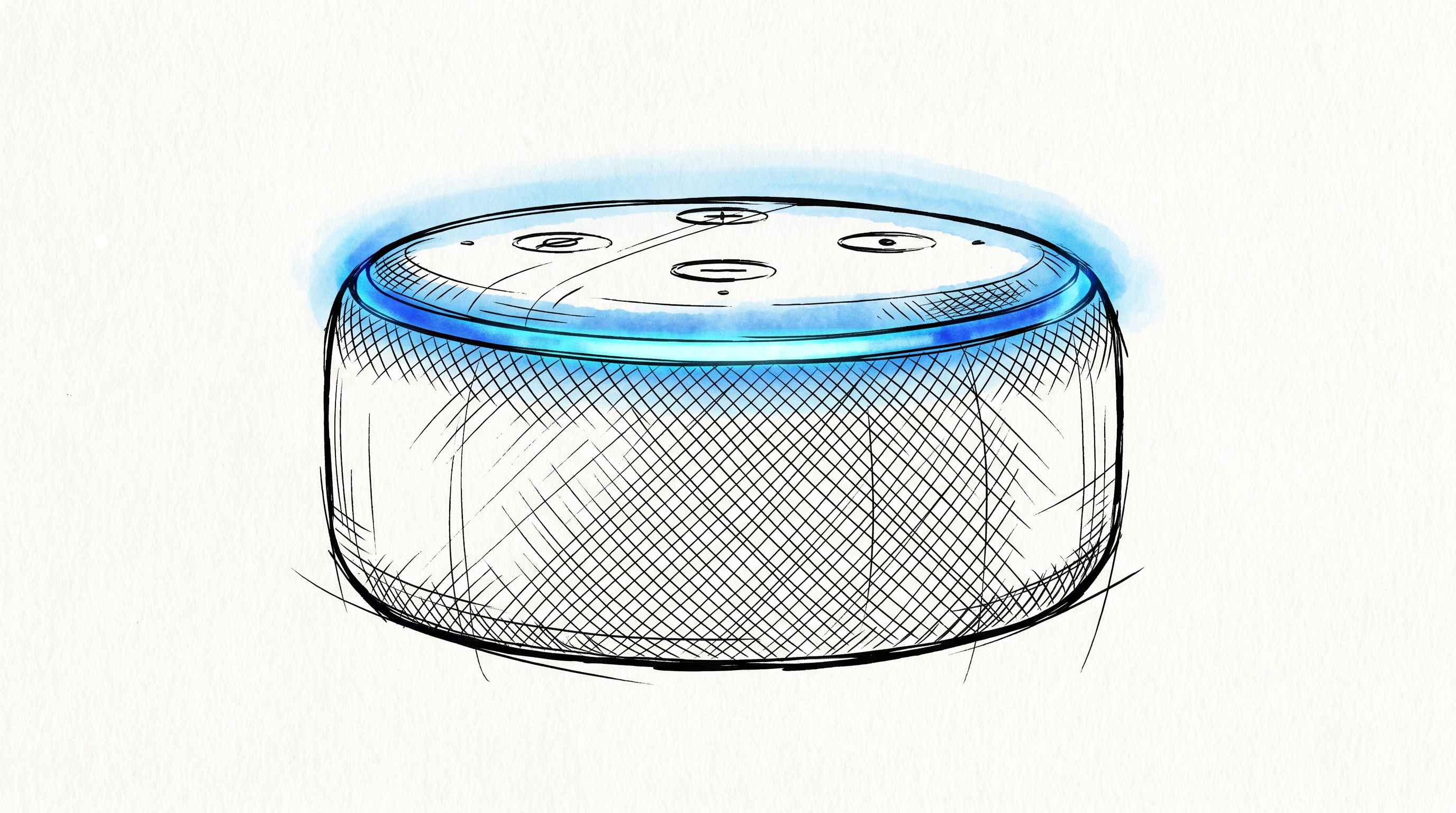 Line illustration of a smart speaker with its light ring glowing blue, meaning it is listening.